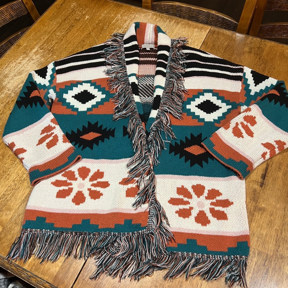 Wonderly Southwestern Aztec Print Fringe Sweater Cardigan Open Front Women's 1X